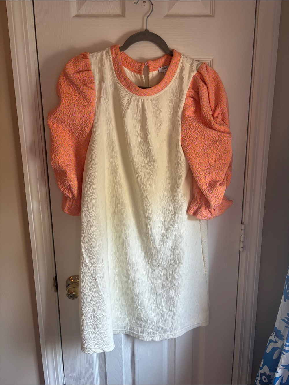 Womens Cream Dress with Coral Puff Sleeves
